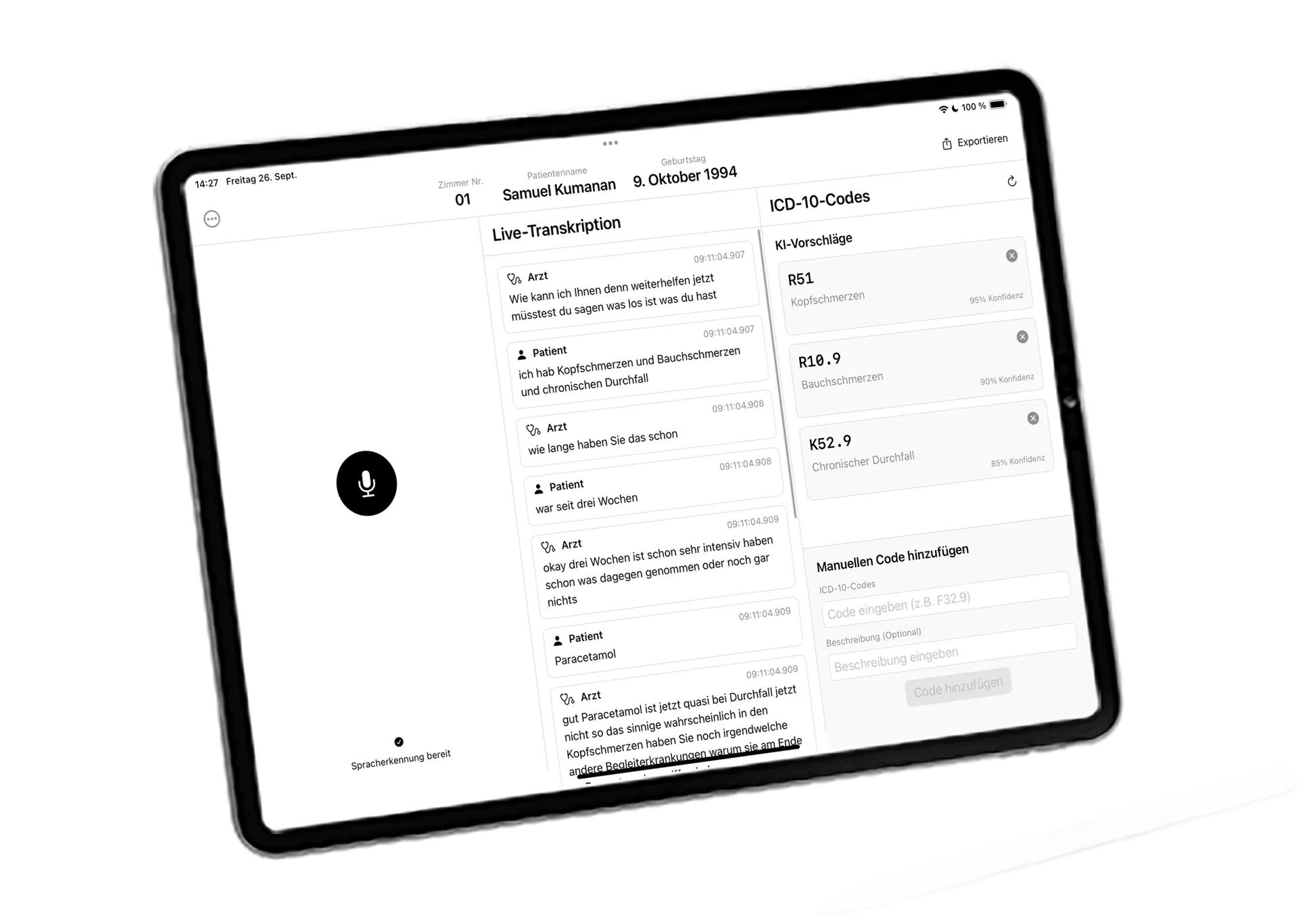 Tablet mit Live-Transkription und ICD-10-Codes, daneben ein weißer Stift.